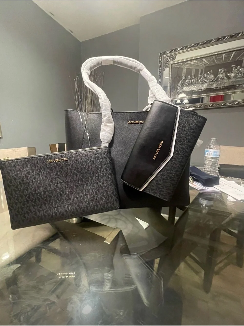 Michael Kors Black Leather Tote Set with Gold MK Charm and Wallets